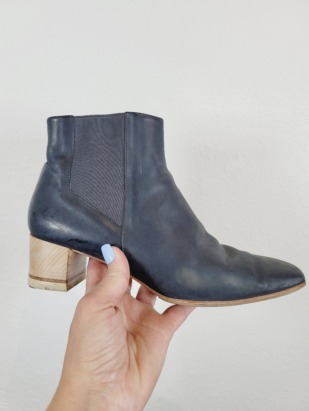 COCLICO Classic Black Leather Ankle Boot with Wood Block Heel, Size 41